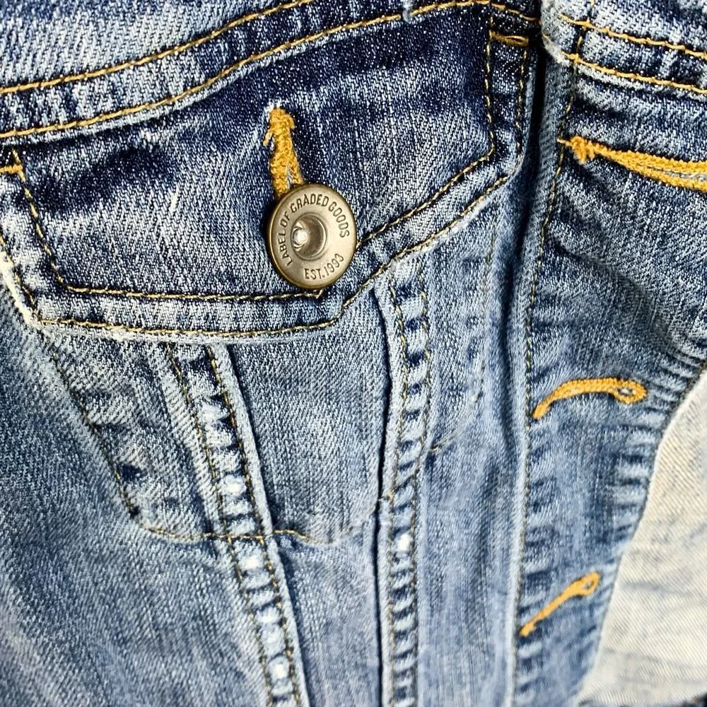 LOGG H&M Blue Faded Vintage Wash Distressed Denim Jacket Women Button Country - Picture 4 of 11